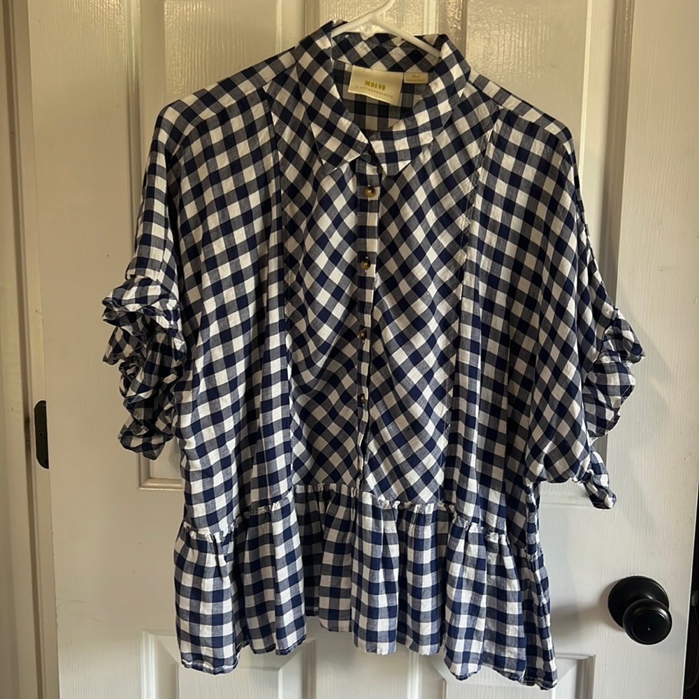 Maeve blue and white checked peplum blouse